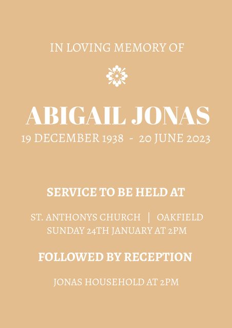 Elegant funeral service invitation with 'In Loving Memory' text, service and reception details in white text on a brown background. Could be used for creating a respectful and tasteful announcement to share with full details of the service location, date, and time. Ideal for families organizing a remembrance service.