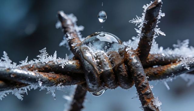 Rusty barbed wire knot showing hoarfrost crystals and suspended water droplet