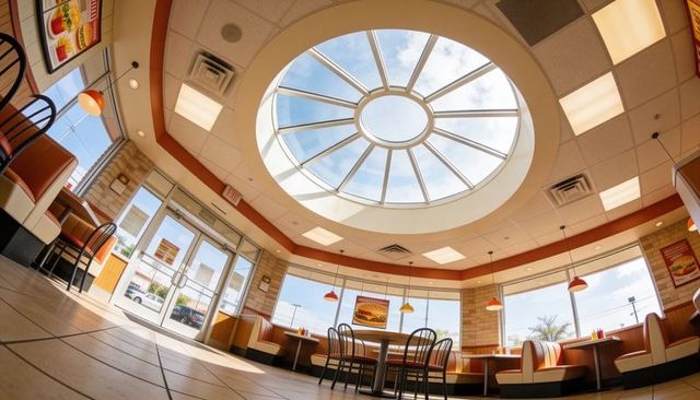 Skylight flooding fast-food dining area with circular glass dome, bright booths, sunny