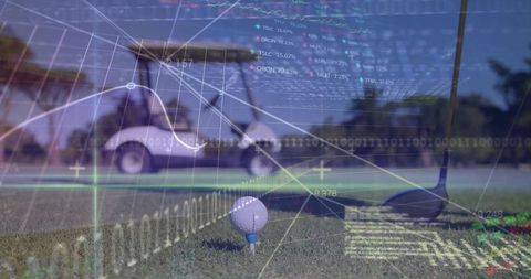 Golf Performance Data Overlay Showing Ball on Tee with Driver and Course Analytics Charts