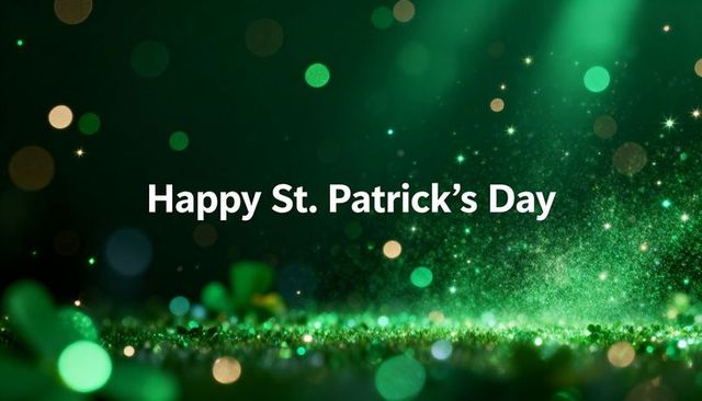 Happy st. Patrick's day green glitter background with shamrock bokeh and festive greeting