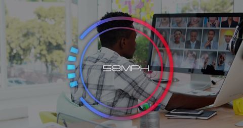 Businessman Engaged in Virtual Team Meeting with Speed Dashboard Overlay