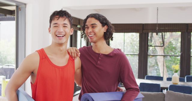 Happy Yoga Enthusiasts Smiling Inside Modern Home - Download Free Stock Images Pikwizard.com