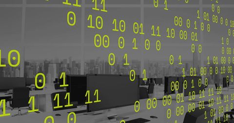Digital Binary Code Overlay in Modern Workspace Setting - Download Free Stock Images Pikwizard.com
