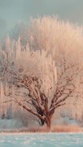 Panning revealing icy branches on winter tree over snow field at dawn vertical video