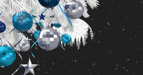 Festive White Christmas Tree with Blue and Silver Ornaments