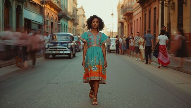 Woman walking in colorful colonial street with vintage car