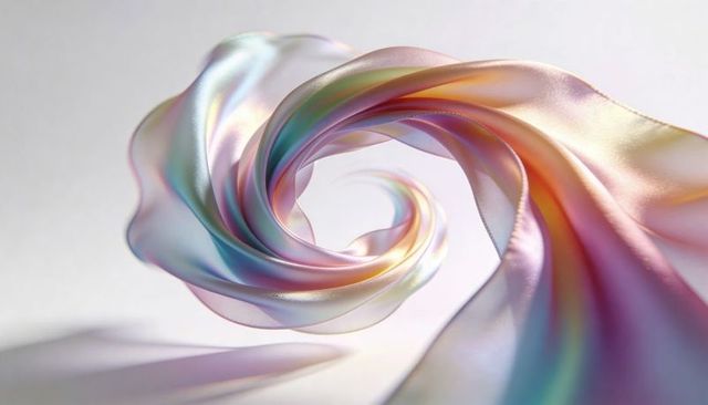 Swirling iridescent satin ribbon forming opalescent pastel spiral with pearly highlights