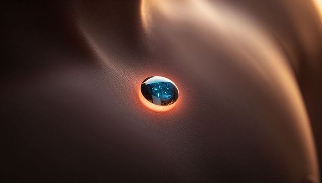 Glowing glass droplet resting on warm brown surface with blue core and orange halo