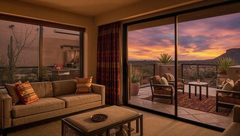 Warm Desert Sunset Framing Outdoor Patio Through Sliding Glass Doors of Cozy Living Room