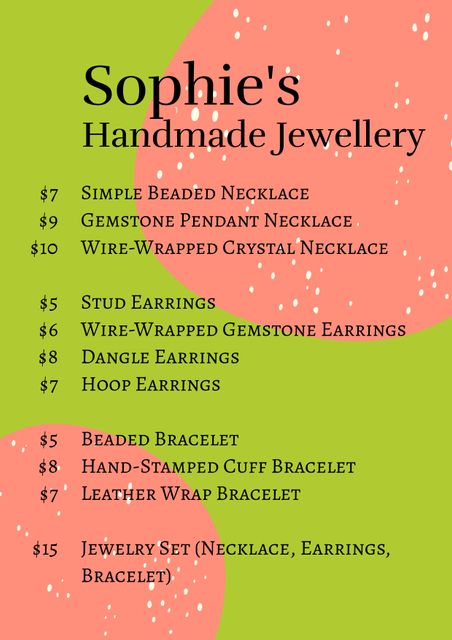 Useful for promoting handmade jewelry collections, displaying pricing in stores, boutiques or online shops. Eye-catching colors excite potential customers and pair with creative handmade products.