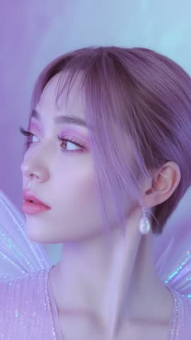 Pastel Portrait Video: Model Turning and Blinking, Highlighting Earrings and Fairy Wings