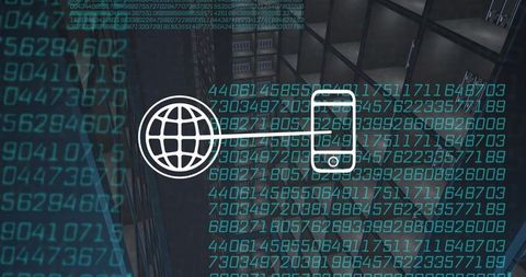 Globe-to-smartphone digital connection overlay with neon numeric code and glass facade