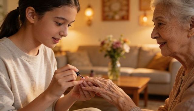 Teen painting grandmother nails at home sharing warm intergenerational caregiving moment