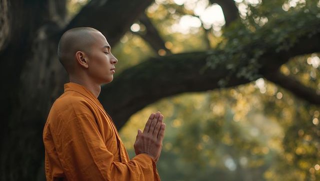 Young Monk Meditating in Sunlit Forest with Saffron Robe and Hands in Prayer, Morning Light
