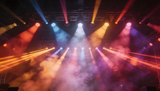 Concert stage lighting rig projecting vibrant multicolor beams through haze on truss