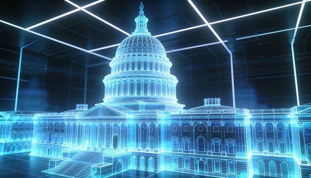 Holographic wireframe us capitol rotating in neon cyber grid for digital governance
