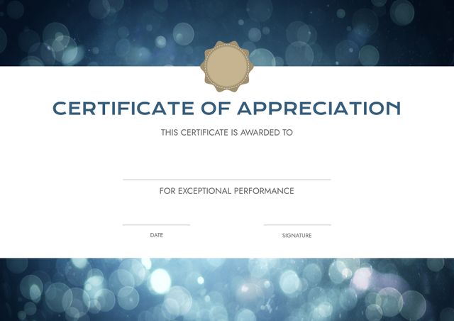 Certificate of Appreciation with Gold Seal and Sparkling Blue Lights - Download Free Stock Templates Pikwizard.com