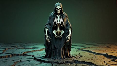 Skeletal grim reaper figure in tattered cloak on cracked earth
