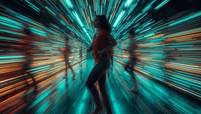 Woman Sprinting Through Futuristic Neon Tunnel with Vivid Lights