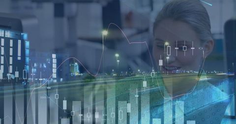 Technology and Analytics Overlay on Night City With Businesswoman - Download Free Stock Images Pikwizard.com