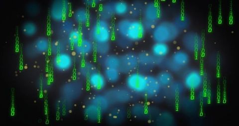 Neon binary code streaming over teal bokeh with gold particle glow