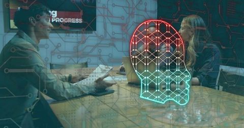Collaborating team reviewing ai strategy with neon neural network head hologram