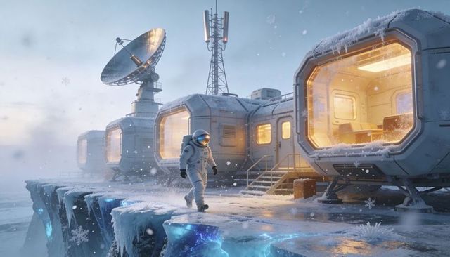 Astronaut Walking on Icy Modular Outpost Above Glowing Crevasse at Frozen Polar Base