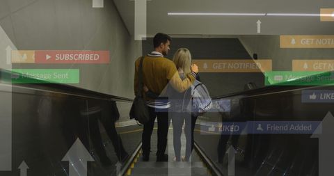 Couple on Escalator Surrounded by Social Media Icons - Download Free Stock Images Pikwizard.com