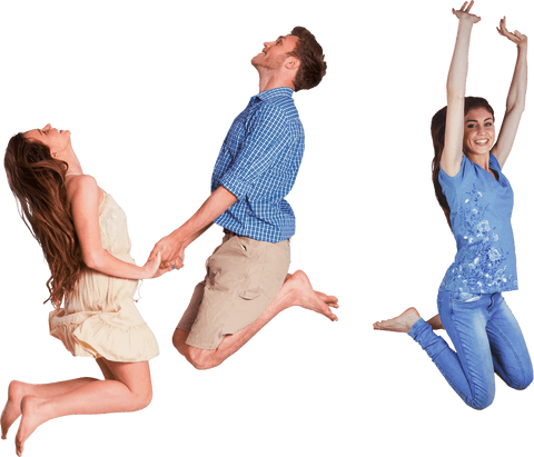 Excited Caucasian Friends Jumping in Joy on Transparent Background
