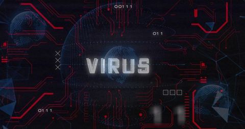 Glowing virus text over cyber circuit network with wireframe globes and red traces