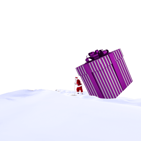 Santa Claus Dragging Giant Purple Gift on Transparent Backdrop