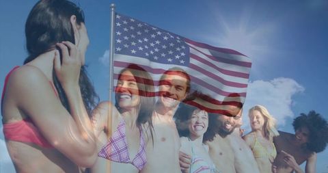 Waving American flag overlay with laughing friends celebrating on sunny beach