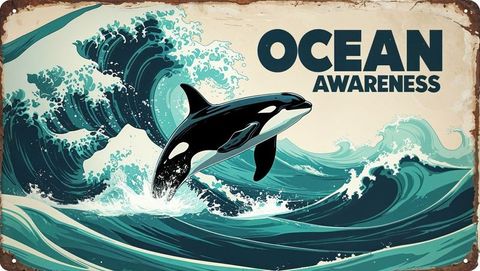 Orca whale on cresting teal waves rustic sign