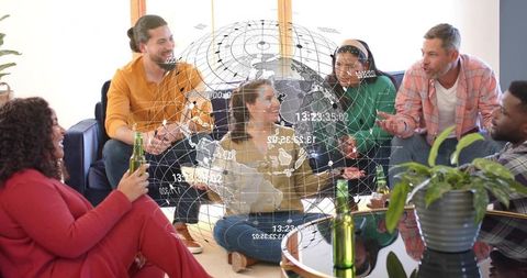 Diverse friends chatting and laughing in living room with holographic globe overlay