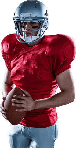 Transparent american football player holding ball with intensity