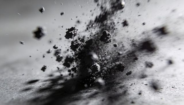 Exploding soil particles dispersing into dramatic monochrome dust burst with deep texture