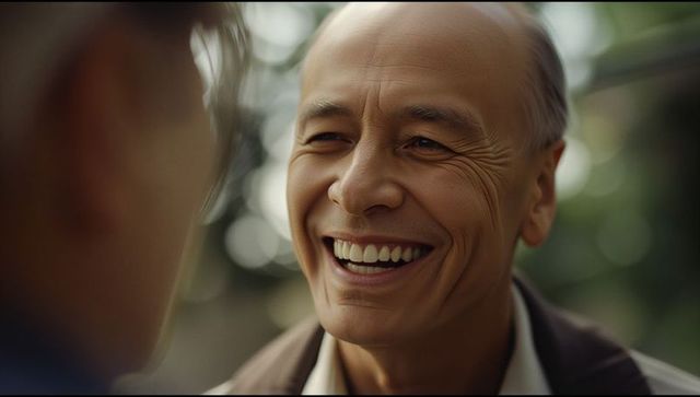 Smiling senior man sharing warm conversation in park, candid outdoor portrait
