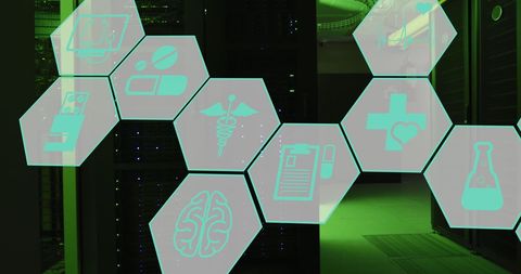 Futuristic Medical Icons Over Data Servers in Modern Server Room