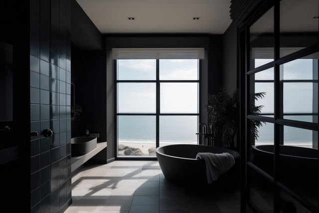 Dark modern bathroom with french windows and view to sea, created using generative ai technology. Contemporary bathroom interior design and natural light concept digitally generated image.