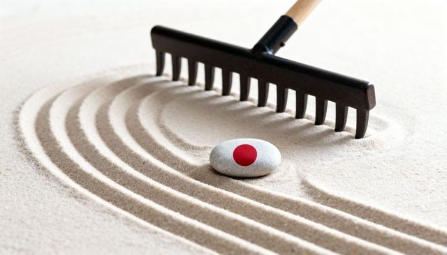 Raked zen sand with painted japanese flag pebble creating curved minimalist grooves