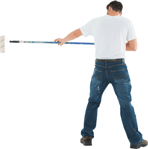 Man Painting Wall with Roller Rear View Transparent Background