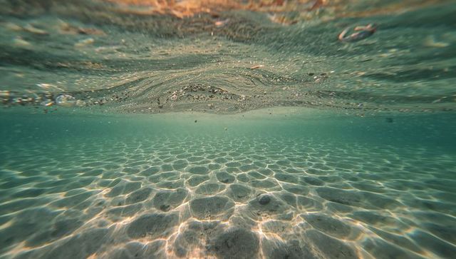 Sunlit shallow seabed showing turquoise caustics and rippling sand patterns
