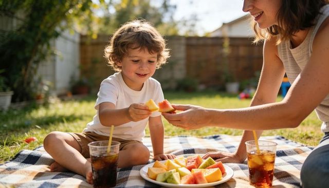 Sunlit backyard picnic with mom and boy sharing melon on checkered blanket