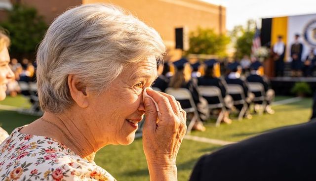 Emotional grandmother wiping tear during outdoor graduation ceremony with proud family