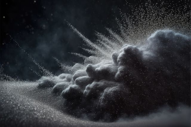Magnified particles in air during explosion of white powder created using generative ai technology. Energy and suspension of microscopic particles moving in air concept.