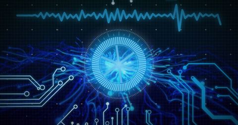 Futuristic graphic featuring blue digital interfaces and electric patterns, symbolizing advanced technology and data communication. Ideal for use in tech presentations, publications on digital innovations, or illustrations showcasing network systems.
