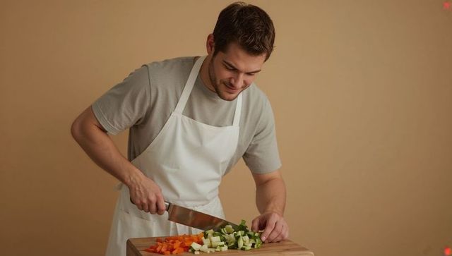 Young man chopping carrots and zucchini on wooden cutting board wearing white apron