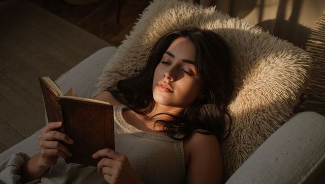 Woman relaxing on chaise reading vintage leather-bound book in sunlit cozy interior