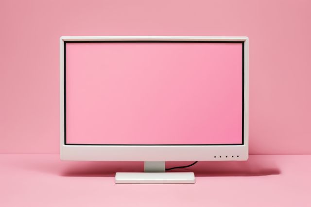 White computer monitor displaying a blank pink screen, set against a pastel pink backdrop. Ideal for illustrating concepts related to technology, modern office setups, digital workspaces, and minimalist design themes. Suitable for use in advertisements, blog posts, website banners, and presentations focusing on tech or design industries.